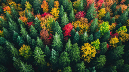aerial view of forest with beautiful autumn colors of nature drone view Autumn yellow forest and green trees in rural, Drone photo Aerial top view - Powered by Adobe