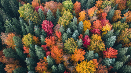 aerial view of forest with beautiful autumn colors of nature drone view Autumn yellow forest and green trees in rural, Drone photo Aerial top view