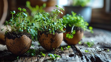 Microgreens in the eggshells, spring and easter concept. ai generated