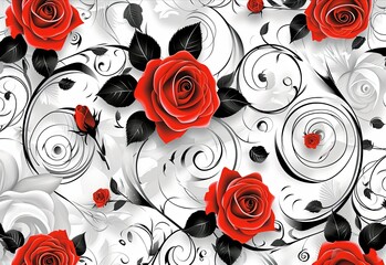Black and white wallpaper with red roses and a bunch of swirls, in the style of pseudo-realistic, delicate constructions.