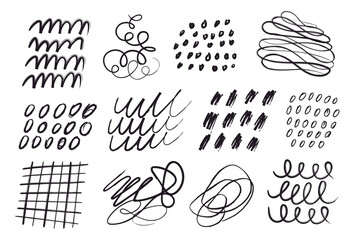 Set of vector abstract hand drawn pen scribbles. Charcoal pencil lines and squiggles. Scribble brush strokes. Hand drawn marker scribbles. Black pencil sketches. - obrazy, fototapety, plakaty