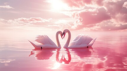 Beautiful Valentines day card with two swans creating a heart shape on a pink lake