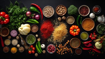 Composition with variety vegetarian food ingredients on a black background. Peppers, Cereals, Legumes, Vegetables and fruits, herbs, spices on the table.