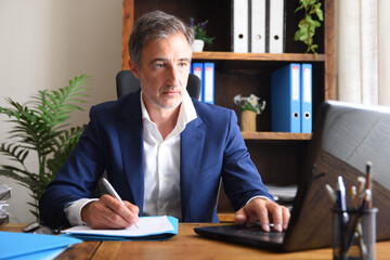 Naklejka premium Businessman working with documents and laptop in home office