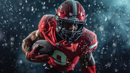 American football sportsman player on stadium running in action. Sport wallpaper with copyspace