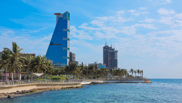 View of Jeddah skyscrapers from the public beach.