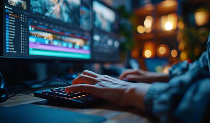 Close up hands female editor holding mouse pen working editing video and enjoy with job create content. Generative AI - obrazy, fototapety, plakaty