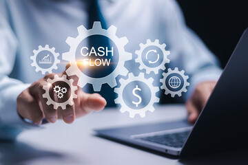 Cash flow concept. Businessman using laptop with virtual cash flow icons for cash flow business finance growth.