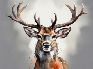 Deer drawn in watercolor on gray background. Nature conservation concept
