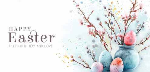 Happy Easter hand-drawn watercolor greeting card with decorated Easter eggs and pussy willow branches in the vase. Springtime holiday banner template in pastel colors with copy space for text. Raster. - obrazy, fototapety, plakaty