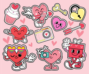 Hippie Love Stickers collection for Valentine's Day. Trend of the 60s, 90s. Comic character happy heart. Vector illustration on a pink background