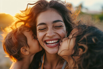 A happy mother getting a kiss on the cheek by her two young children outside during sunset
 - obrazy, fototapety, plakaty