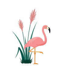 Pink flamingo standing near a flowering bush, eps 10 format
