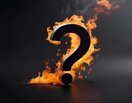 AI generated illustration of a burning question mark in the darkness