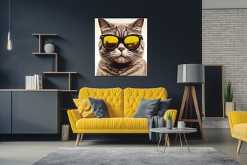 cozy modern livingroom with hanging cat picture on wall