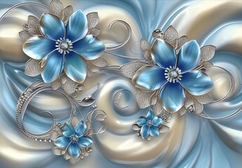 Blue pearl flowers on a blue background, in the style of jewelry by painters and sculptors, light silver and light gold, light beige and turquoise, uhd image, decorative details.