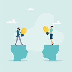 Businessman and businesswoman open from human brain to exchange ideas about business light bulbs. Exchange brainstorming ideas, knowledge, creativity and innovation. Flat vector illustration.
