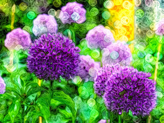 Fioletowe kuliste kwiaty czosnku ozdobnego z efektem bokeh, malarstwo cyfrowe - obrazy, fototapety, plakaty