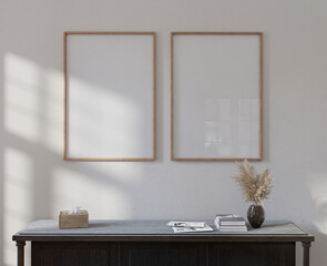 Mockup frame, poster empty in home living room design, farmhouse bohemian element mockup interior, 3d rendering.