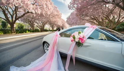Fotobehang An elegant wedding car speeding down the highway under a clear sky, symbolizing the beginning of a beautiful journey. The classic vehicle exudes luxury and style, offering a picturesque view  © Press