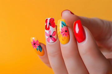 Fototapeta premium Beautiful nail art with flowers and vibrant colors in front of a yellow background