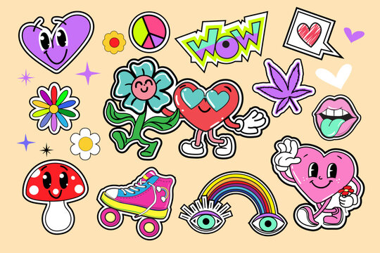 Retro 70s psychedelic stickers set with flowers, rainbow, lips and love heart in hippie style. Vector illustration for posters, stickers, t-shirt design