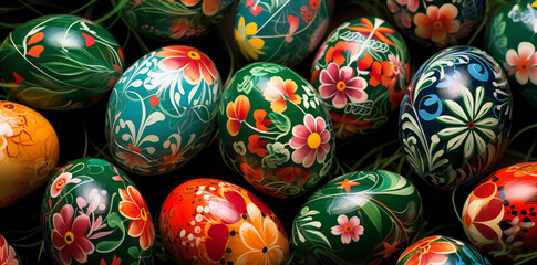 Richly colored Easter eggs with detailed floral patterns nestled against a dark grass background, showcasing traditional festive artistry.

