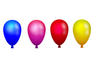 Four balloons in blue, pink, red, and yellow on a white background.