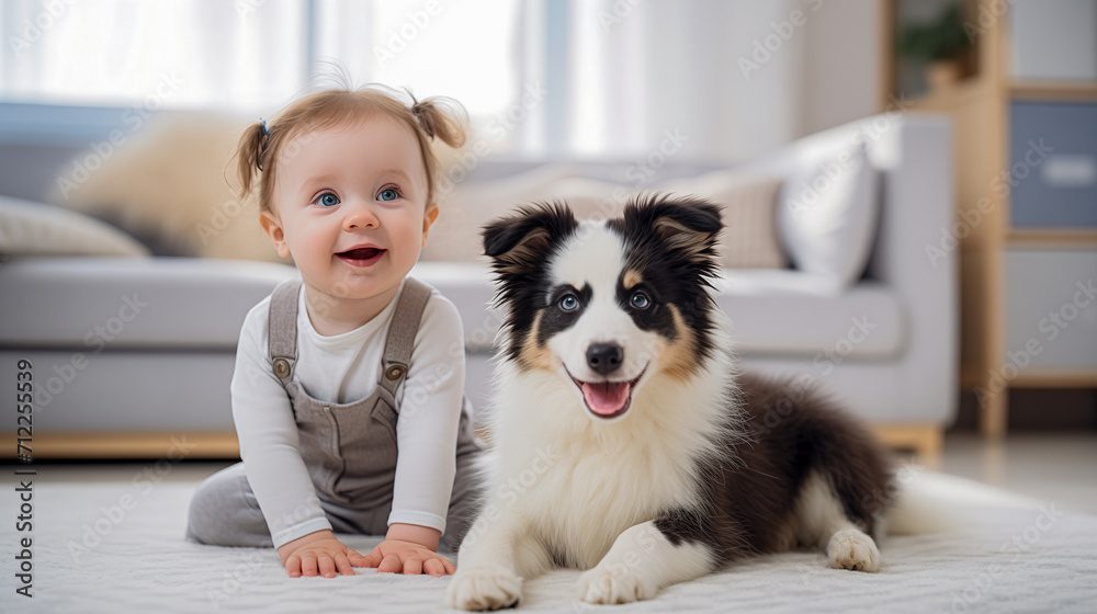 Wall mural baby playing with border collie on carpet, sitting looking up and smiling happily. generated with ar