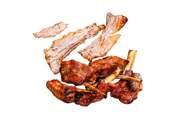 Barbecue grilled sliced veal short spare loin ribs Transparent background. Isolated.