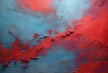 Sfondo astratto per il design. Vecchio muro di cemento dipinto con intonaco colorato di blu e rosso fuoco. Brillante.