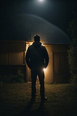 Man Standing in Front of House at Night. Generative AI.