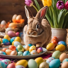 Cute Easter bunny on table with colorful eggs and tulips. Easter holiday decorations, Easter concept background