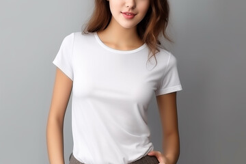 Fototapeta premium Woman in White Tshirt Mockup created with Generative AI