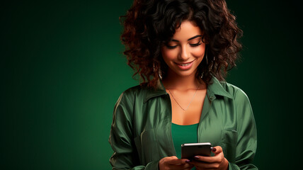 photorealistic image of a dark-skinned girl reading a message on her mobile phone. young beautiful girl having fun