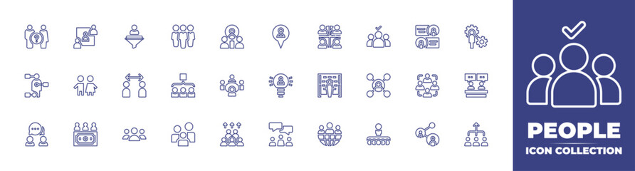 People line icon collection. Editable stroke. Vector illustration. Containing teamwork, selection, career, pin, gear, team, connection, children, idea, interview, family, conference, investor, chat.
