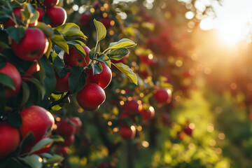 Fototapeta premium Apple orchard. Close-up of red ripe apples on a tree on a sunny day, copy space