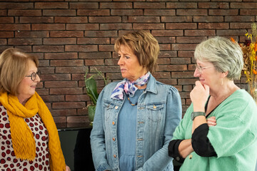 This image portrays three senior women engaged in a meaningful conversation. The woman on the left, with a warm smile, appears to be sharing a pleasant or amusing anecdote with her friends. The woman