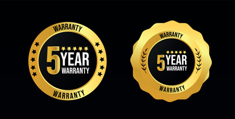 5 years of warranty. Five years warranty card with two different labels, stamps, icons design. 5 years warranty labels, stamp designs in golden and black colour. Quality assurance with warranty card. - obrazy, fototapety, plakaty
