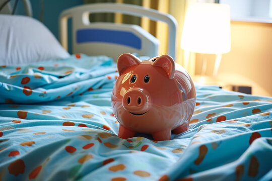 A piggy bank on a hospital bed, depicting the concept of medical bills, health care costs, or health insurance