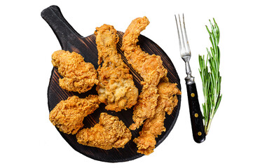 Breaded chicken drumstick, leg, wing and breast tenders strips.  Transparent background. Isolated.