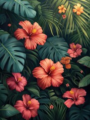 AI illustration of an Artistic painting of tropical plants & flowers.