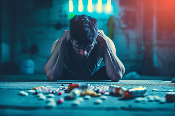Pill addiction concept, an addict sitting at a table full of pills, opioid crisis, overmedication, substance abuse concept - obrazy, fototapety, plakaty