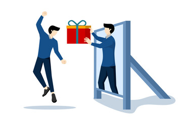 Happy businessman getting a gift from himself in the mirror for self motivation. Reward yourself when you succeed or achieve a personal goal to increase motivation and inspiration, winning concept.