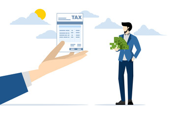Tax burden concept, debt to pay income tax, businessman holding savings looking at tax bill. accounting or billing, financial burdens and obligations to pay government, wealth management or savings.