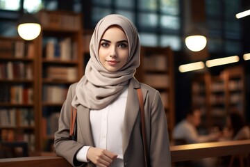 Happy young muslim student woman in hijab at university library looking at camera.