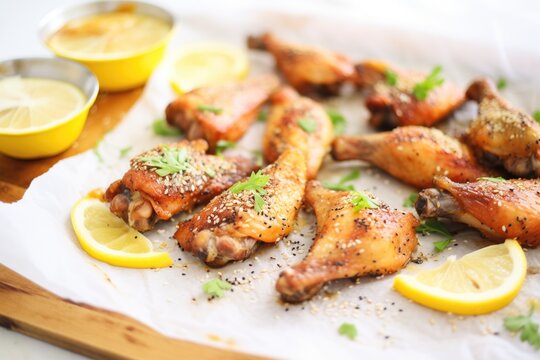 baked lemon pepper wings on parchment paper