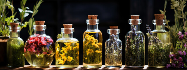 jars with essential oil of medicinal flowers on a wooden table - obrazy, fototapety, plakaty