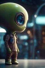Small Green Alien With Big Eyes Standing on Table. Generative AI.