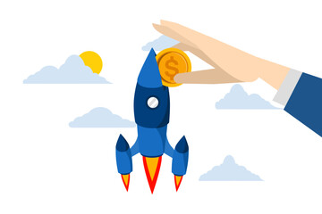Fototapeta premium Concept Funding a new company or venture capital investment, investor entrepreneur putting coin into innovative rocket to launch cost or company budget for new business, paying project launch concept.